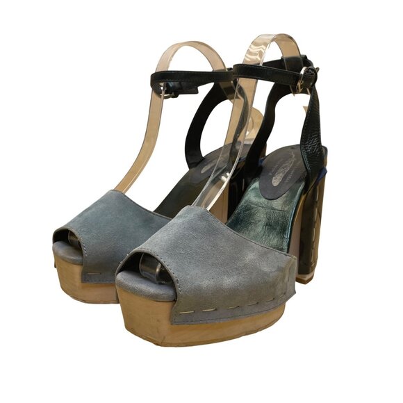 Jeffrey Campbell Women’s Blue & Black Leather Block Heel Peep Toe Sandals Sz 8M - Picture 3 of 9